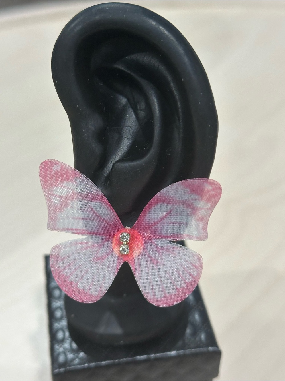 Fabric Pink Butterfly Earrings with Crystal Center